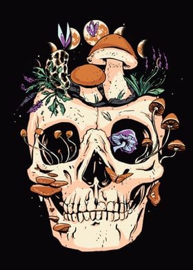 Skull magic mushrooms moon